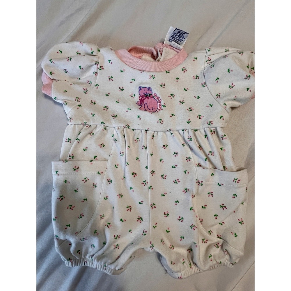 Vintage OshKosh Baby Girl Bubble Romper 3-6M Rosebud Floral Kitten USA 80s 90s